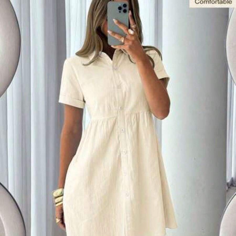 Women's Solid Color Single-Breasted Casual Party Outing Mini Dress,Summer Dresses For Women - Albaricoque - Ver 1