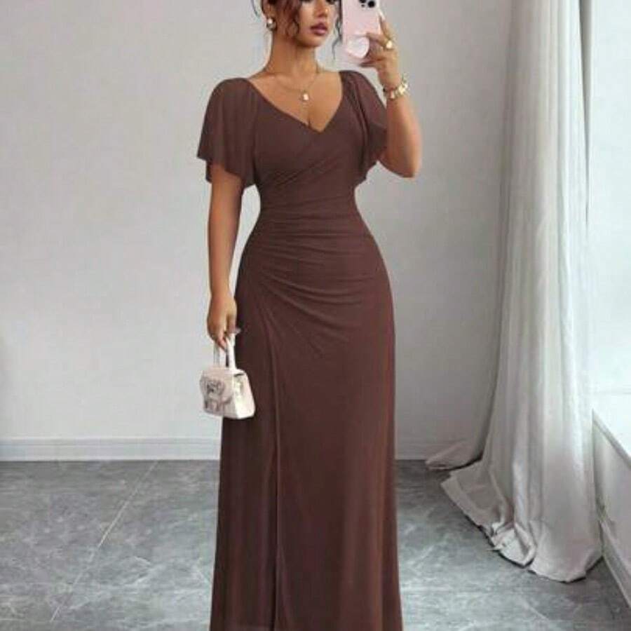 Elenzya Women's Light Purple V-Neck Ruffle Sleeve Pleated Waist Split Dress, Elegant Bridesmaid Dress, Party Gown, Spring/Summer - Marrón - Ver 1