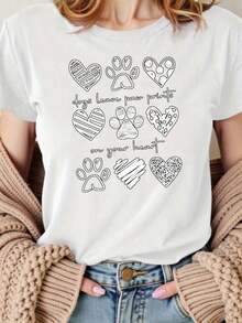 Fashionable T-Shirt With Valentine's Day Print And Round Neck, Casual Clothing For Women, Spring-Summer Season, Letter Applique Details, Nice Gift For Couples, Romantic Clothing, Matching Sets For Couples - 白色 - 查看 6