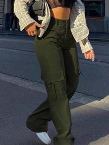 Pantalones cargo casuales negros de primavera con bolsillo con solapa lateral - Verde militar - Ver 4
