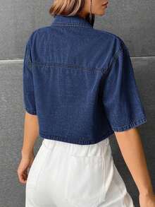 Camisa vaquera corta lavada informal para mujer - Azul lavado oscuro - Ver 2