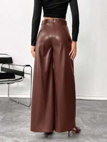 Pantalones de piel lisos con botón delantero, pantalones casuales minimalistas para mujer, para uso diario, prendas inferiores para mujer - Marrón Chocolate - Ver 5