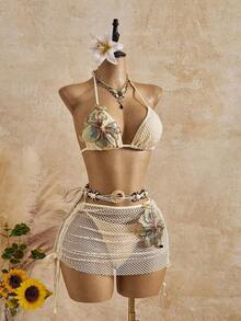 Bellisia Conjunto de bikini de 3 piezas con estampado floral de tela texturizada, traje de baño con falda, conjunto de falda de playa para vacaciones de primavera/verano, conjunto de falda de bikini marrón de 2 piezas para mujer - Albaricoque - Ver 4
