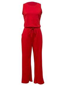 Conjunto de 2 piezas de pantalones rectos ajustados de estilo casual, conjunto de top ajustado, conjunto de 2 piezas de verano ligero para mujer, traje deportivo para mujer, conjunto de 2 piezas casual para exteriores, traje de pantalones para mujer - Rojo - Ver 7