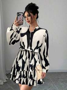 Vestido corto de manga larga con cuello alto, manga linterna, cintura y dobladillo con volantes para mujer - Multicolor 2 - Ver 12