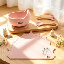 Customized Silicone Tableware Set With Name And Pattern, Baby & Toddler Gift, Includes Silicone Placemat, Bowl, Fork & Spoon - Multicolor - View 2