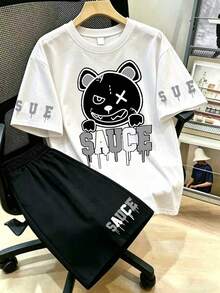 2pcs Plus Size Women's Casual Graphic & Letter Print Top & Shorts Set, Cute & Holiday Vibe White Elegant Summer - White - View 1