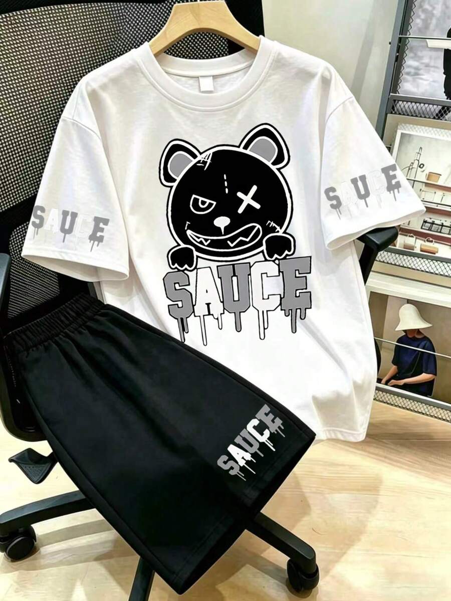 2pcs Plus Size Women's Casual Graphic & Letter Print Top & Shorts Set, Cute & Holiday Vibe White Elegant Summer - White - View 1
