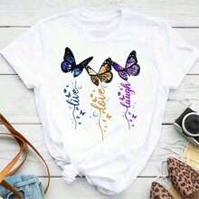 Women's T-Shirt With Colorful Butterfly And Petal Print For A Super Happy Summer, Fashionable Short Sleeve Round Neck T-Shirt, Cute Cartoon T-Shirt For Women, Women's Clothing - 珊瑚玫瑰 - 查看 6