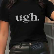 Camiseta informal de mujer de manga corta y cuello redondo, corte regular, de tejido de punto con estampado Ugh. - Negro - Ver 2