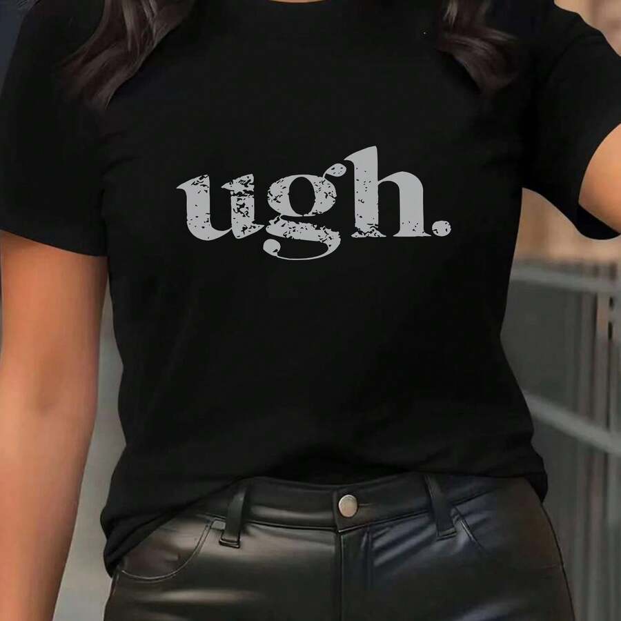Camiseta informal de mujer de manga corta y cuello redondo, corte regular, de tejido de punto con estampado Ugh.