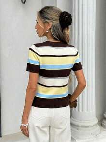 Blusa de punto holgada de manga corta con cuello redondo de estilo casual para mujer, estilo universitario con rayas marrones y azules, blusa de verano, blusa de estilo universitario estadounidense, adecuada para uso diario, blusa de verano, blusa - Multicolor 9 - Ver 2