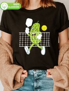 Camiseta Casual de Algodón 100% para Mujer con Estampado Divertido de Pickleball - Manga Corta y Cuello Redondo, Gráfico de Personaje de Dibujos Animados de Pickle, Transpirable y Lavable a Máquina para Verano y Primavera - Negro - Ver 1