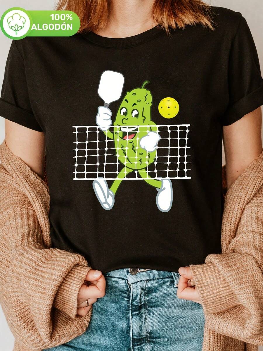 Camiseta Casual de Algodón 100% para Mujer con Estampado Divertido de Pickleball - Manga Corta y Cuello Redondo, Gráfico de Personaje de Dibujos Animados de Pickle, Transpirable y Lavable a Máquina para Verano y Primavera - Negro - Ver 1