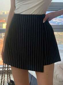 Falda pantalón de verano casual de unicolor con abertura lateral para mujer - Negro 2 - Ver 8