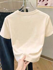 Cómodo Camiseta con estampado de camisa casual para mujer, manga corta y cuello redondo, moda urbana local de primavera/verano, playeras de mujer algodon - Albaricoque - Ver 2