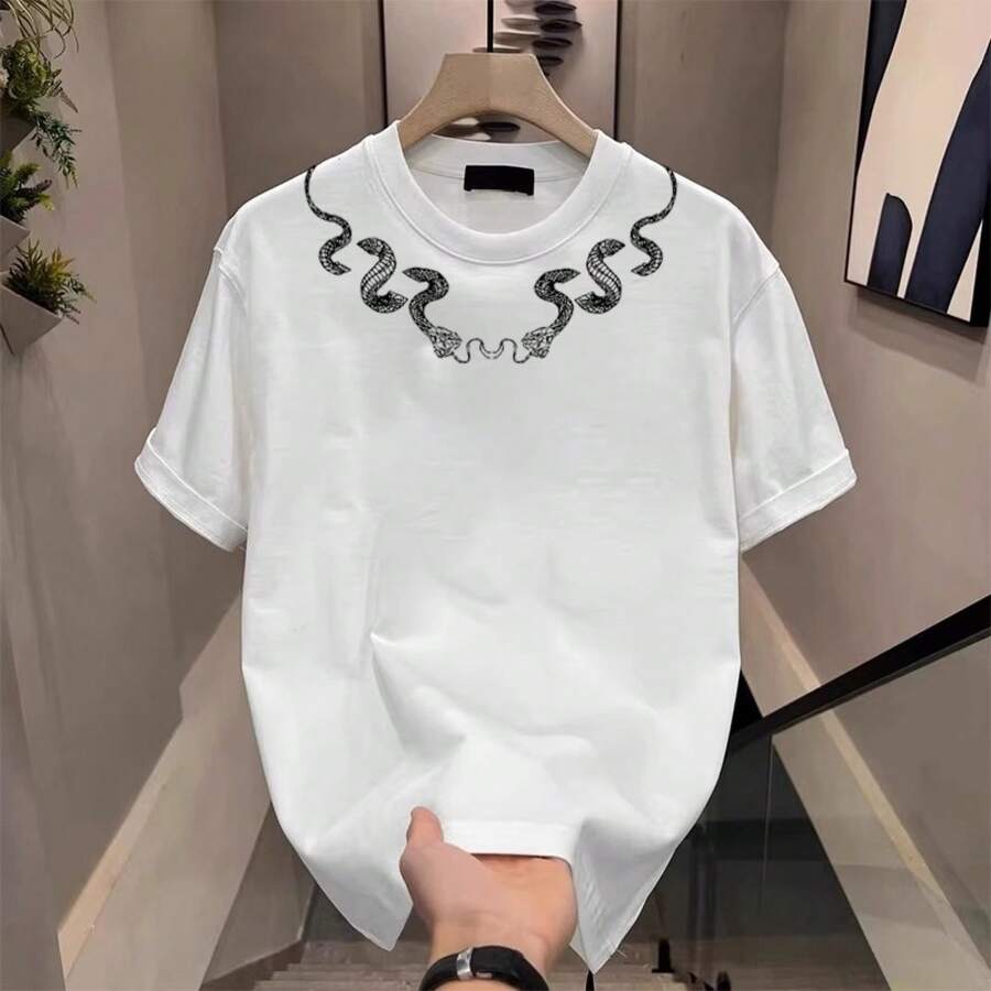 Camiseta de algodón de manga corta para hombre, estilo americano de calle, de alta gama, elegante, de talla grande, holgada, con cuello redondo y estampado, nueva colección de verano. ZUOX - 200 g de algodón puro - blanco - Ver 1