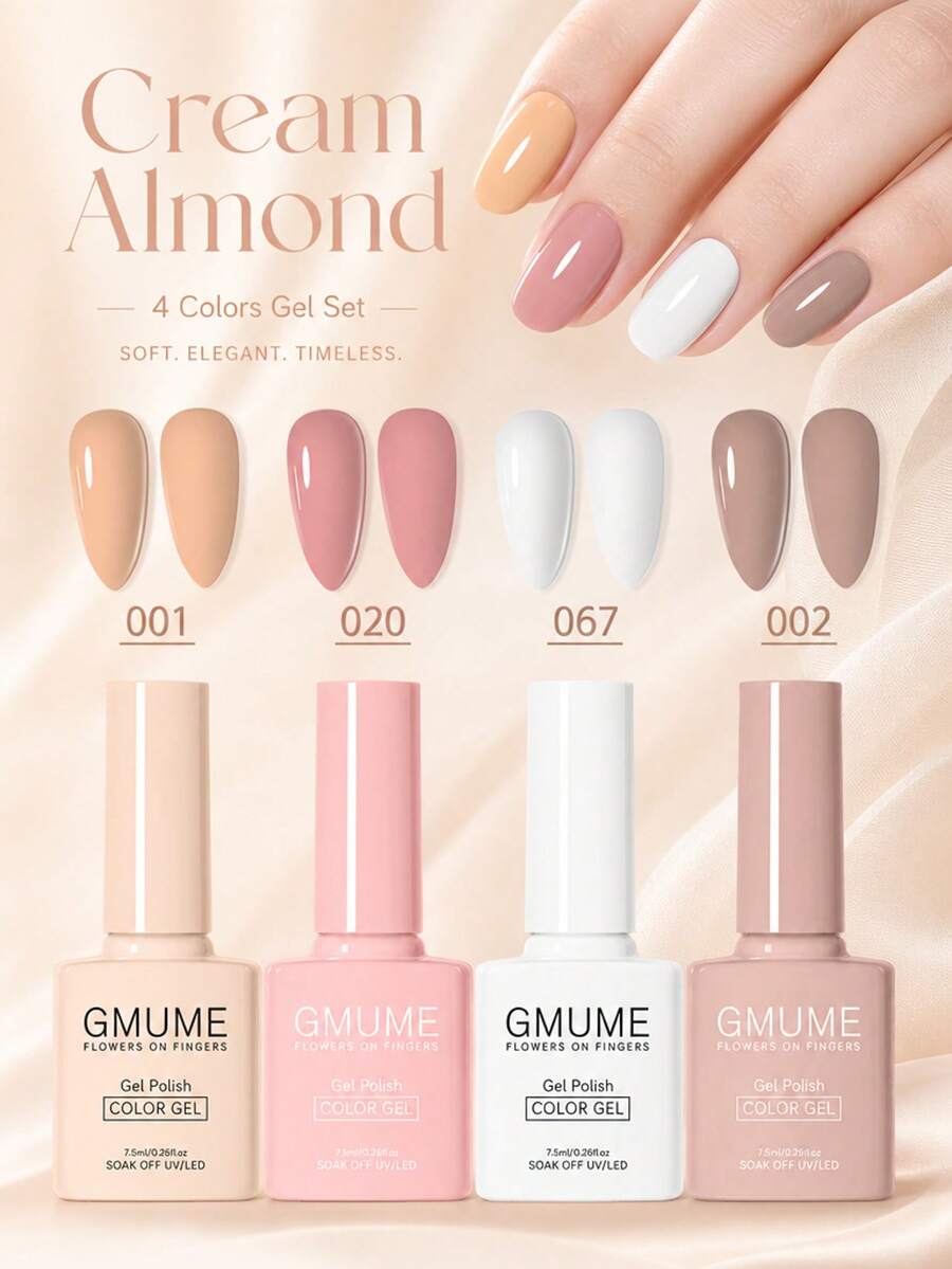 GMUME 4瓶/套 7.5毫升杏仁奶油色指甲油，颜色：001、020、067、002，纯色 WYSIWYG 可卸 UV LED 凝胶指甲油，蜜桃裸色、柔玫瑰色、纯白色、淡橄榄色、中性裸色、浅极简裸色，适合所有季节