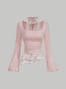 Women's Knit Lace Patchwork Asymmetrical Hem Ruched Choker Neck Lace Trim Tie-Up Waist Blouse - Blanco - Ver 5