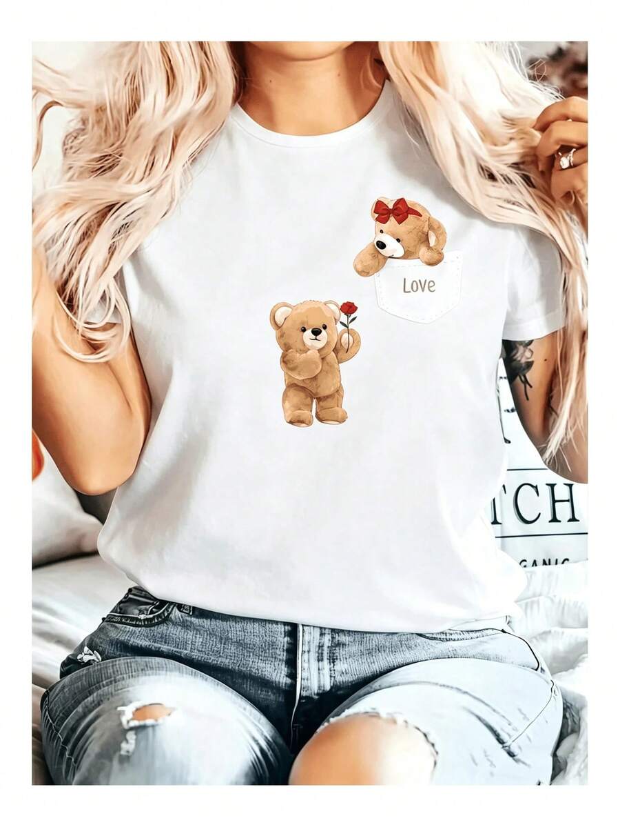 1 pieza de ropa de mujer para el Día de San Valentín, camiseta negra con estampado de oso de peluche, camisas, top blanco, camisetas gráficas para mujer, camiseta unisex casual de cuello redondo, tela de punto ligera de 220 g/m², lavable a máquina, para primavera/verano/otoño, Día de San Valentín, Navidad, Día de la Madre. - Blanco - Ver 1