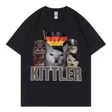 Camiseta de manga corta informal de moda de talla grande con estampado de gato de dibujos animados lindo de verano Kittler Cat para hombres y mujeres - Blanco - Ver 2