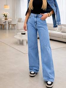 Modern Women's Wide Leg Jeans With An Impeccable Fit - 中等水洗藍 - 查看 3