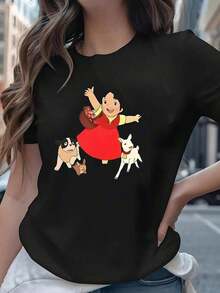 Camiseta Holgada Sencilla Mujer Estilo Moderno Playera Negra para Mujer con Estampado de Heidi la Niña de los Alpes y sus Amigos Animales, Camiseta Casual de Manga Corta Estilo Retro Caricatura Clásica, Top Moderno de Algodón Suave con Gráfico Animado Nostálgico, Blusa Juvenil de Moda para Fans de Anime Vintage y Outfits Casuales Camiseta Mujer Estampado Gráfico  Verano 2026 - Negro - Ver 7