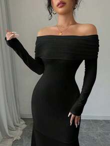 Vestido largo de punto acanalado con manga larga, cintura ceñida, hombros descubiertos, espalda descubierta, doblez de cola de pez, elegante y sexy, color blanco, para otoño/invierno, atuendo de mujer maxi - Negro - Ver 4