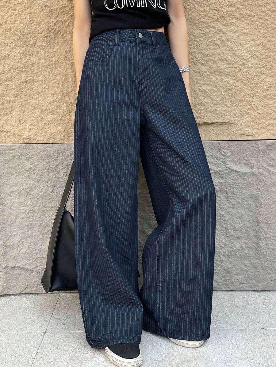 Jeans casuales de mujer de pierna ancha, unicolor, con bolsillo cargo suelto - Azul 2 - Ver 1