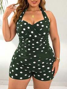 Swim Lushoire 1 pieza Parte superior de tankini con estampado de lunares y frente cruzado para mujer talla grande, con pantalones cortos con cordón ajustable, traje de baño de una pieza elegante y casual para usar a diario o de vacaciones en la playa - Verde Oscuro - Ver 6