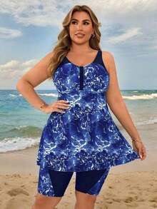 Swim Lushoire Conjunto de tankini de mujer talla grande con estampado de teñido anudado azul y blanco para playa y vacaciones - Azul marino 2 - Ver 1