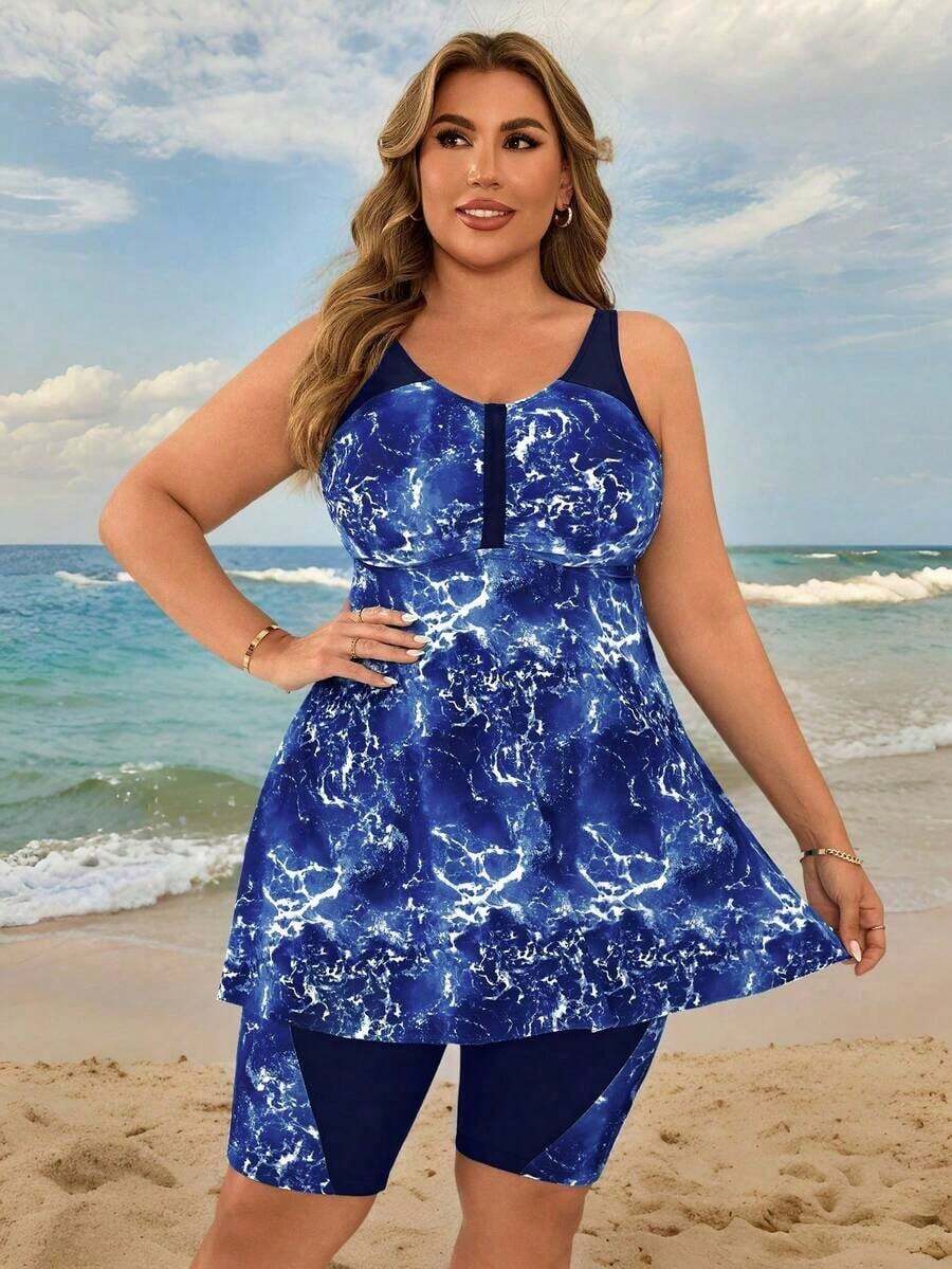 Swim Lushoire Conjunto de tankini de mujer talla grande con estampado de teñido anudado azul y blanco para playa y vacaciones - Azul marino 2 - Ver 1