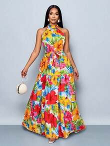 Vestido largo de mujer con estampado floral en todo el vestido, estilo halter con cinturón, fluido para vacaciones - Rojo - Ver 8