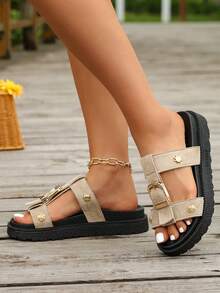 New Fashion Metal Buckle Decor, Platform Thick Bottom Slippers, Fashionable Slides, Comfortable Versatile Beach Sandals, Wedge Heels, Summer Shoes - Gray Velvet - View 5