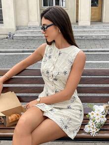 Vestido casual mini de mujer con escote redondo, sin mangas y bordado floral de abotonadura sencilla - Albaricoque - Ver 6