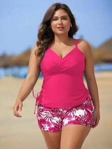 Swim Lushoire Set de 2 piezas de tankini con estampado floral para mujeres de talla grande - Rosa Fucsia - Ver 3