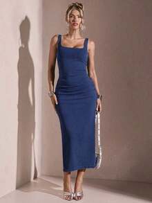 Vestido de mezclilla sin mangas de unicolor y estilo casual para uso diario de mujeres - Azul lavado oscuro - Ver 4