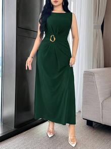Vestido versátil para cóctel y trabajo con cintura fruncida, decoración de botón metálico y cintura ceñida - Verde Oscuro - Ver 4