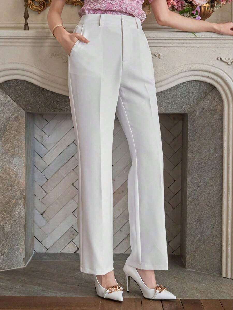 Pantalones casuales de mujer con bolsillo delantero liso, estilo casual de negocios, pantalones de vestir de mujer de talle bajo - Blanco - Ver 1