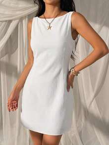 Vestido mini sin espalda y sin mangas con rayas azules tejido para mujeres - Blanco - Ver 4