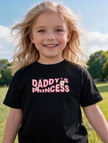 Rundhals-T-Shirt für Kleine Mädchen mit Buchstaben- und kleinen Gänseblümchen-Muster - Schwarz - Übersicht 2