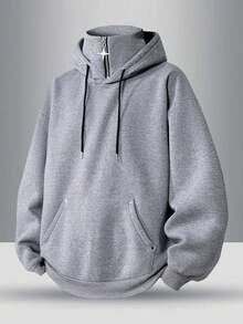 Men's Plus Size Half-Zip High Neck Hoodie, Solid Color Loose Fit Casual Pullover Sweatshirt - Light Grey - View 2