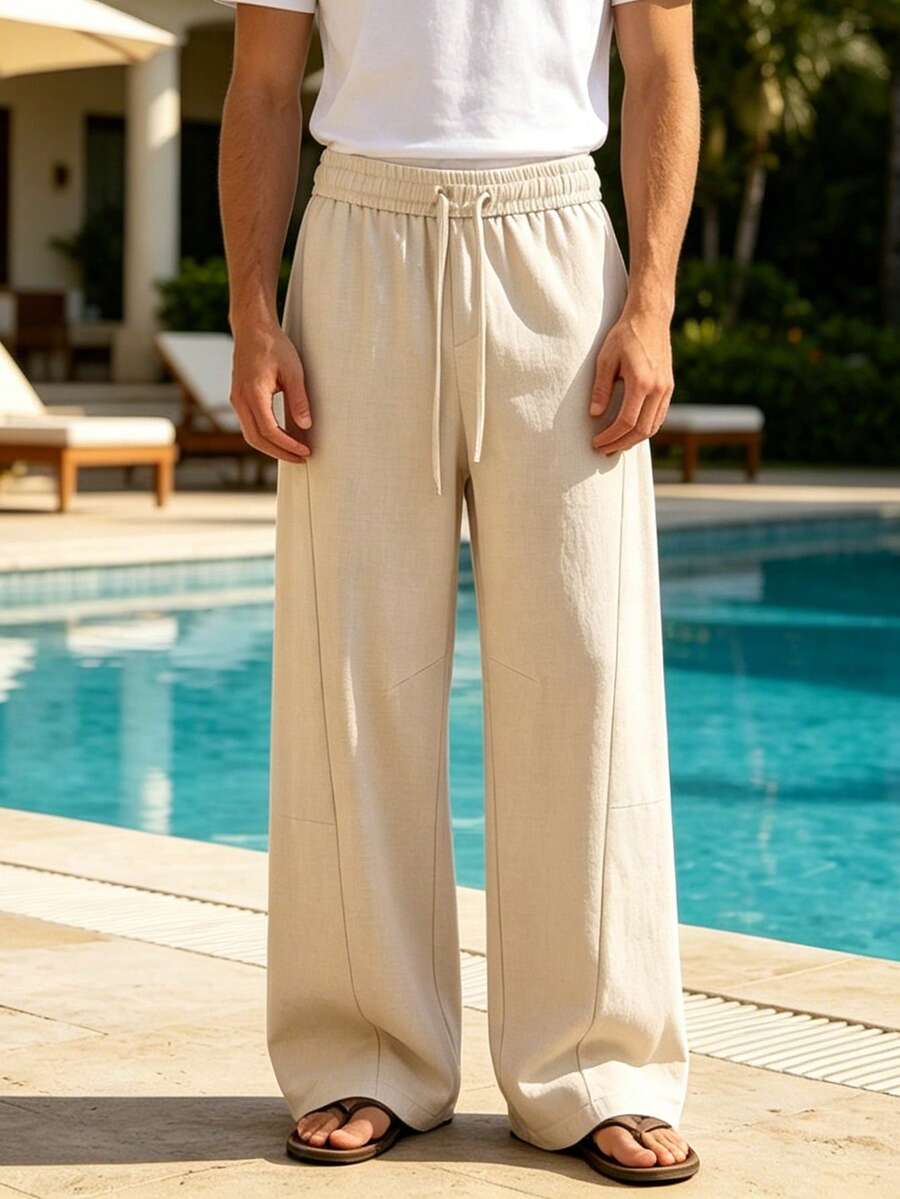 Men's Summer Solid Color Drawstring Waist Wide Leg Loose Casual Long Pants - Apricot - View 1