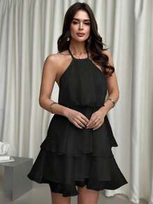Vestido de vuelo con cuello halter, espalda descubierta y dobladillo con volantes de organza blanco, elegante y romántico para el Día de San Valentín - Vestido de muñeca de fantasía - Negro - Ver 4