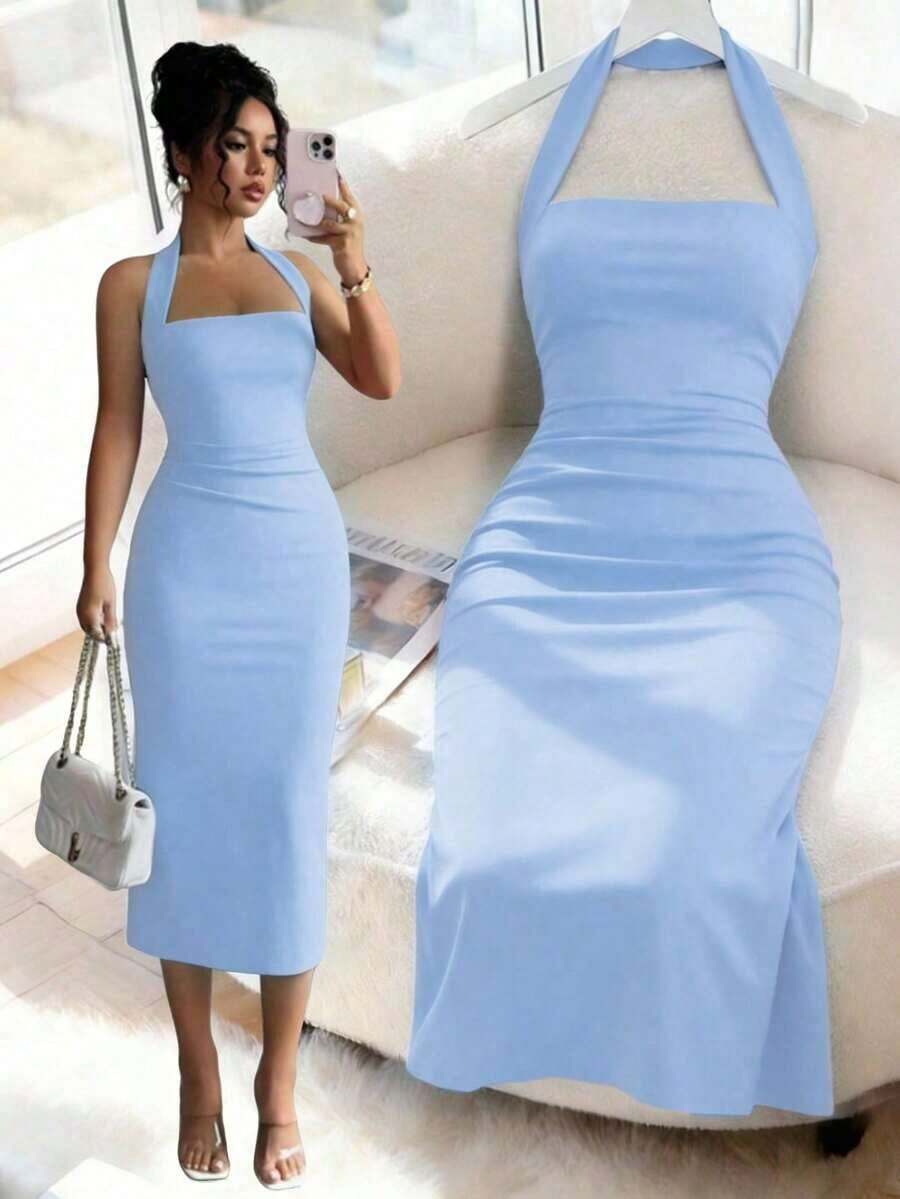 Vestido de mujer de longitud media elegante, adecuado para vacaciones, reuniones diarias, fiestas y eventos de cóctel de verano - Celeste - Ver 1