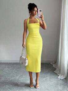 Vestido de mujer de longitud media elegante, adecuado para vacaciones, reuniones diarias, fiestas y eventos de cóctel de verano - Amarillo - Ver 2