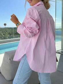 Camisa a rayas de manga larga para mujer talla grande, de corte holgado y casual para uso diario y en la primavera/verano, color rosa - Rosa Fucsia - Ver 10