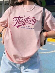 1件女款夏季圓領寬鬆休閒套頭短袖T恤上衣，女款度假服裝粉紅色 - 粉色 - 查看 7