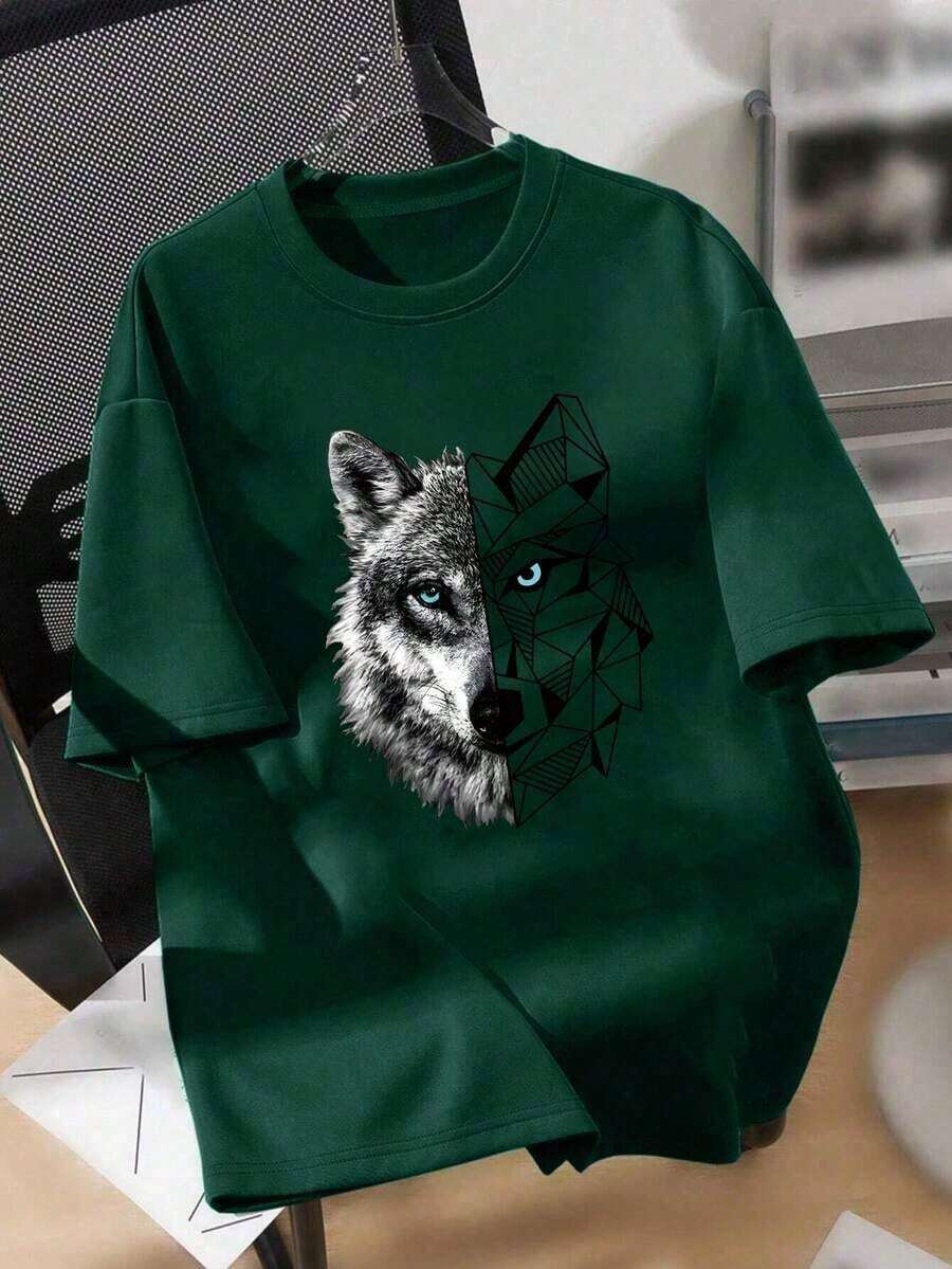 Camiseta de manga corta para niños con estampado de cabeza de lobo, con diseño geométrico realista de cabeza de lobo con ojos azules, de corte holgado y cuello redondo, casual y cómoda, adecuada para uso diario, escuela y transporte - Verde - Ver 1