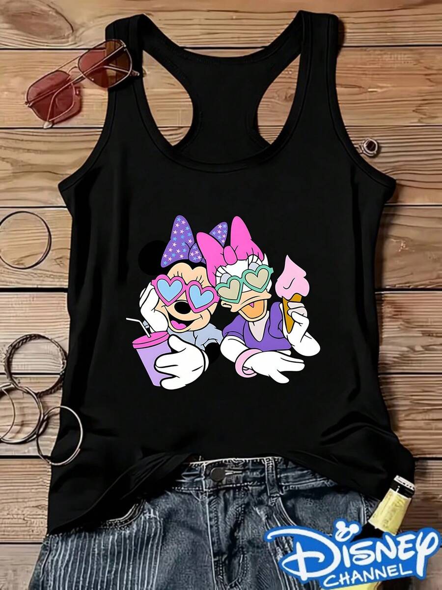 Disney Channel Mini Daisy Cartoon Print, Ladies' Comfortable T-Shirt, Cute Retro Vest, Disney Gift, Comfortable Version, Suitable For Home, Leisure, Outdoor Wear, Disney Theme Apparel - màu đen - Xem 1